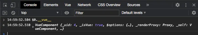 Screenshot of Vue instance object in the Chrome devtools console panel