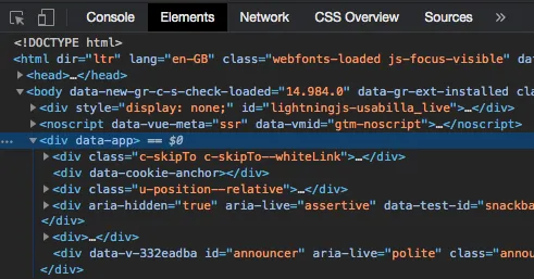 Screenshot of the Chrome devtools elements panel showing the root element of the Vue application highlighted.