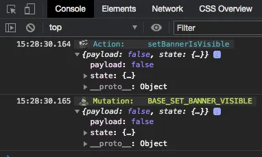 Screenshot of a Vuex action and mutation logged to the Devtools console.