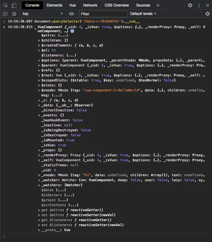 Screenshot of Vue instance object expanded in the Chrome devtools console panel