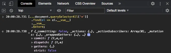Screenshot of the Vuex instance object in the Chrome devtools console panel.
